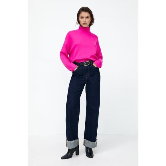 Zara Sweater Womens Small Pink Rib Mock Neck Boxy Oversized Cropped Retro Fun - Picture 1 of 8